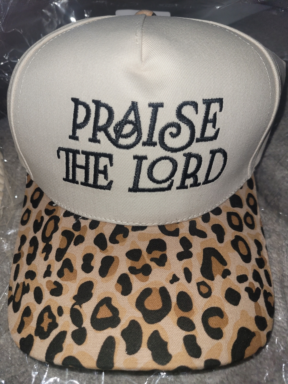 Cream Leopard Print Trucker Hat with "Praise The Lord" Embroidery